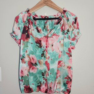 Zac & Rachel Women's Floral Ruffle Short Sleeve Green Pink Red Size M Blouse
